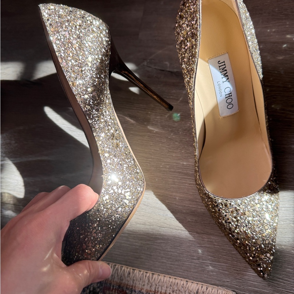 Jimmy Choo Classic Sparkling Glitter Gold Abel Heels
